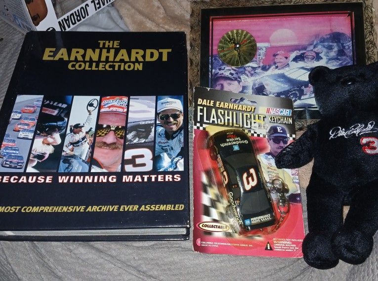 Dale Earnhardt Collection: Book-"the Earnhardt Collection" ,glass Clock ,keychain Flashlight And The Earnhatdt Beenie Baby