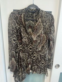 Zara olive and black paisley V-neck button-down blouse
