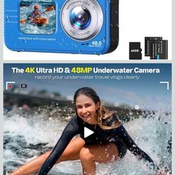 🔥Brand new🔥 Underwater Camera, Selfie Dual Screens 4K 48MP 11FT Autofocus Waterproof Digital Camera for Snorkeling,16X Zoom, 64GB Card, 2 Batteries,
