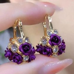 stainless steel flower basket shaped purple violet earrings rose 