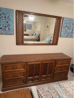 Drexel Esperanto Vintage Wood Bedroom Set - Triple Dresser with 2 Mirrors & 2 Nightstands