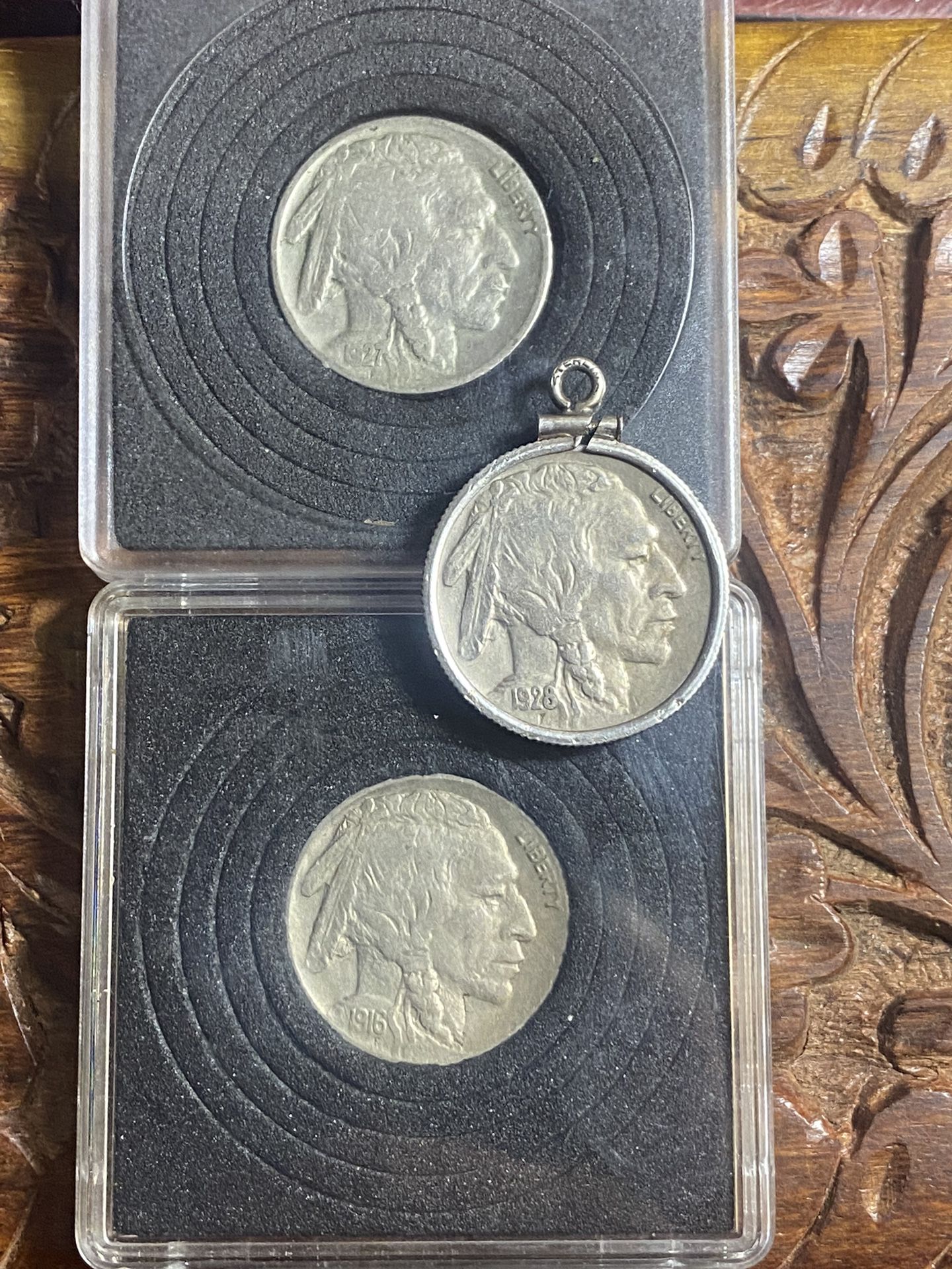 1928 Buffalo Nickel D With A Sterling Silver Bezel And Two More Buffalo Nickels 1916 And 1927
