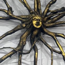 Original Wood Tree Wall Art Plaque With Medusa Face.  Black & Gold Twigs & Branches $100 Each. Buy 1 Or Pair. 