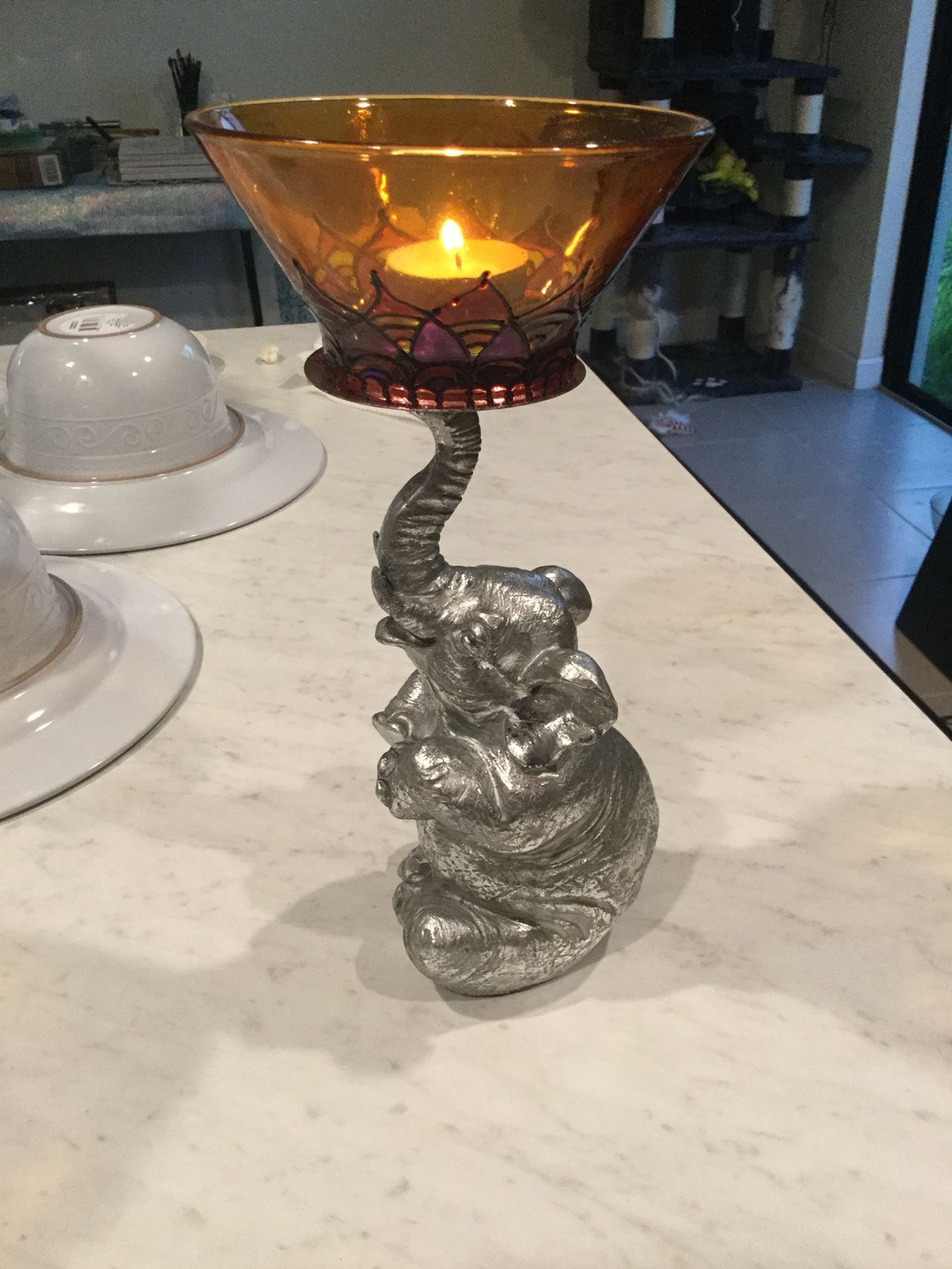 Hand Made and Hand Painted Tall Silver Elephant Stain Glass Candle Holder