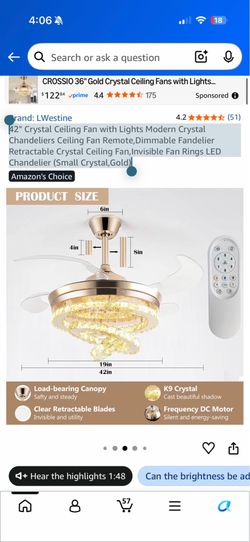 42" Crystal Ceiling Fan with Lights Modern Crystal Chandeliers Ceiling Fan Remote,Dimmable Fandelier Retractable Crystal Ceiling Fan,Invisible Fan Rin