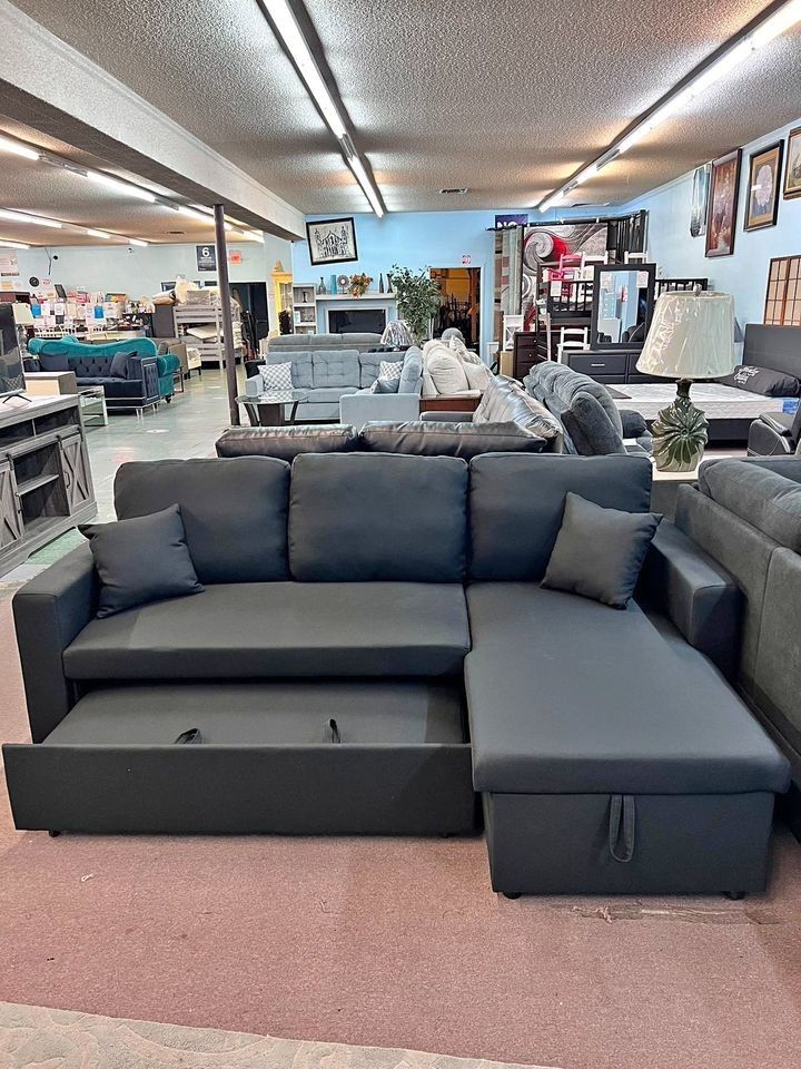 🎯NEW ▪️ $20 Down Payment Finance ▪️▪️Hiltons Charcoal Linen Sectional Sleeper Sofa