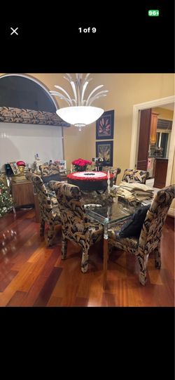 Set of 6 custom upholstered palm leaf chairs
