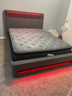 Gray Upholstered Bed Frame with LED Lights