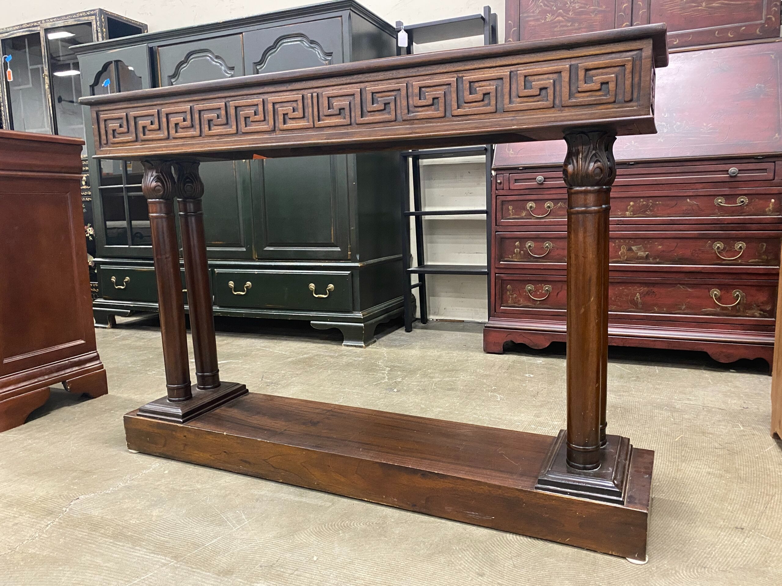 Narrow Console Table with Carved Floral and Geometric Designs