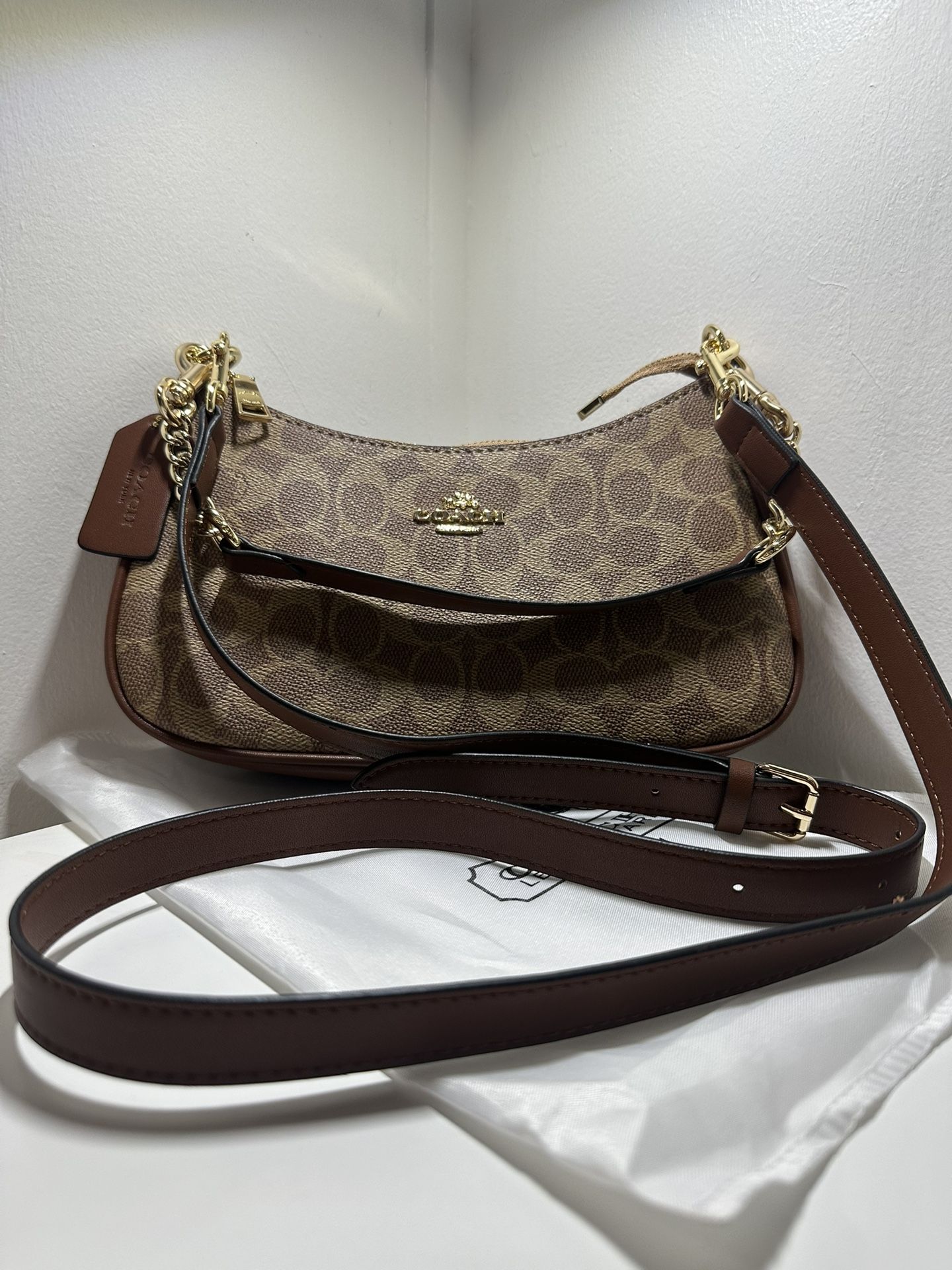 COACH Teri Shoulder Bag - Signature Canvas (Tan / Brown) with Gold Hardware