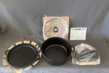 10" Basic Essentials Traditional Cast Iron Dutch Oven Set w/ Grill Lid meat press & Glass Lid