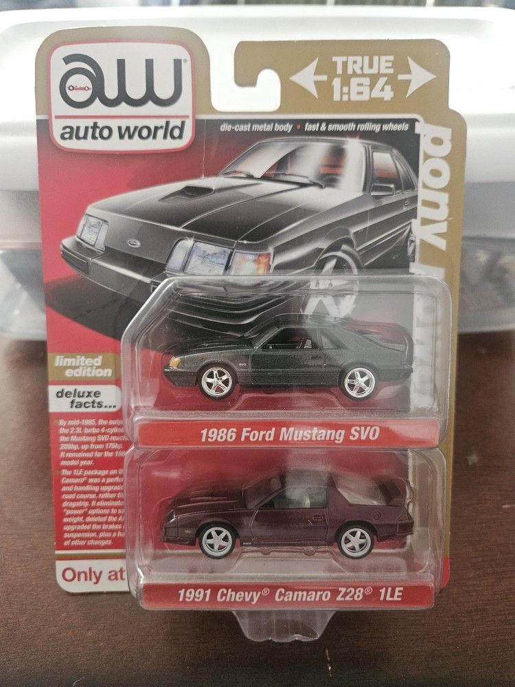 Auto World 1986 Ford Mustang & 91 Chevy Camaro Z28 1LE 1:64 Pony Power 2-Pack