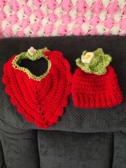 Crochet Baby Strawberry Hat and Bib Set
