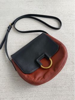 FOSSIL Leather Crossbody Bag Black Brown Colorblock Saddle Purse Adjustable Strap