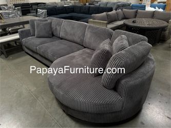 NEW Designer Choice Modern Sectional Sofa and BIG Curved Chaise Lounge Set Ashley Style Dark Grey Fabric Discount Furniture BIG Couch Clearance SALE