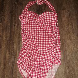White And Red Plaid One Piece Swimsuit 