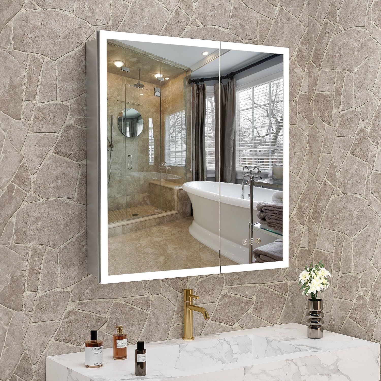 30" x 32" Bathroom Medicine Cabinet with LED Mirror, Lighted Bathroom Medicine Cabinet with 3-Color Lights, Recessed or Surface Mirrored Cabinet with
