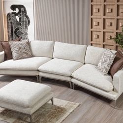Dylan Ivory Linen 3-Piece Curved 126" Sectional with Ottoman