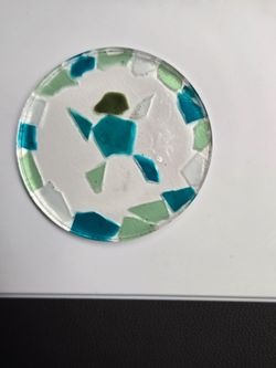 4 inch - Handmade Round Resin Coaster Turtle Mosaic Clear Blue Green White