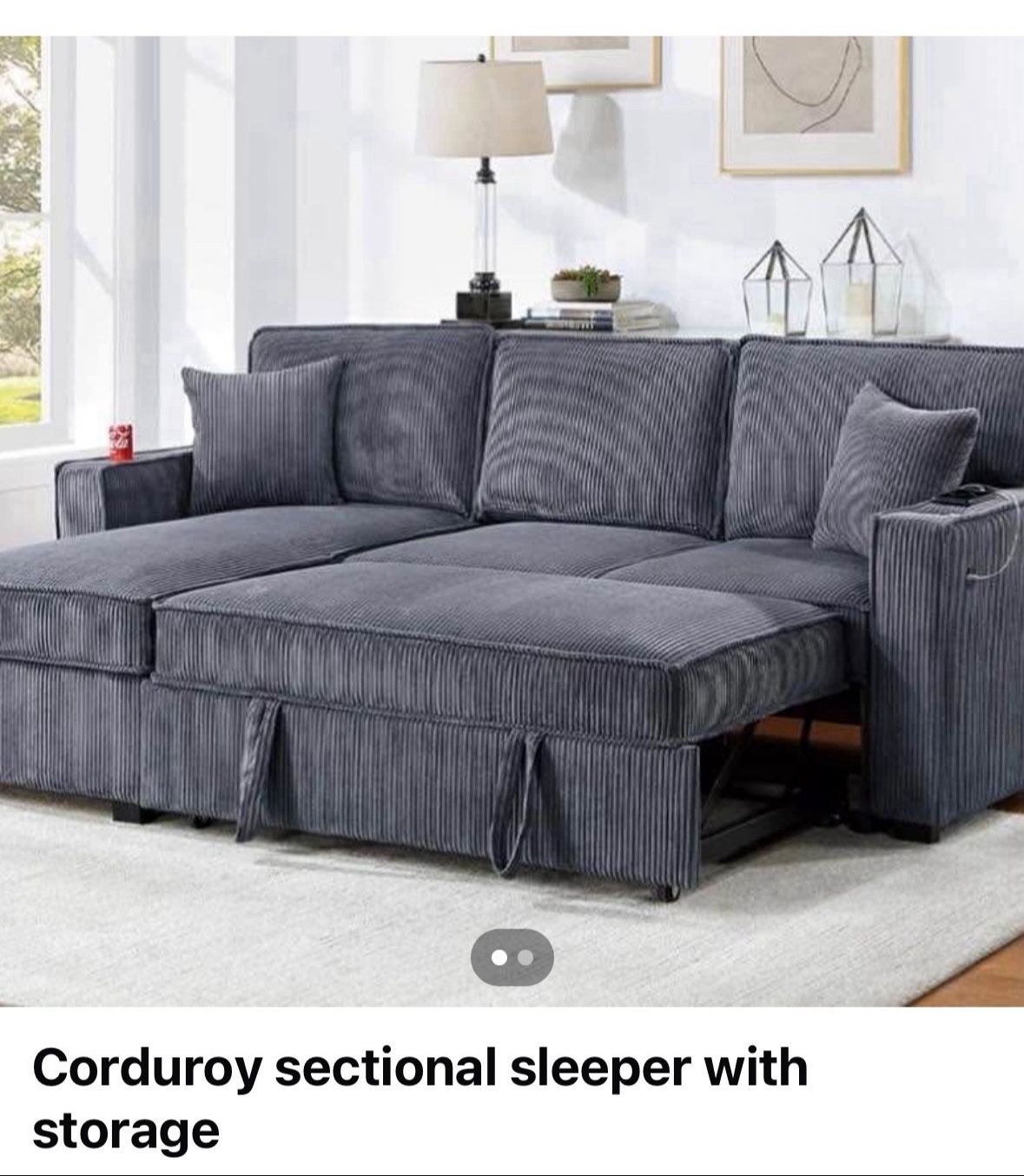 Sectional Sofa Pullout Bed W/Chaise Storage Fabric Reversible 88”x57”X33”H