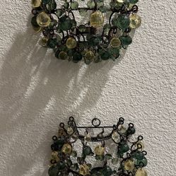 Set Of 2 Decorative Green & Yellow Balls &  Beads Hanging Yea Light Holders