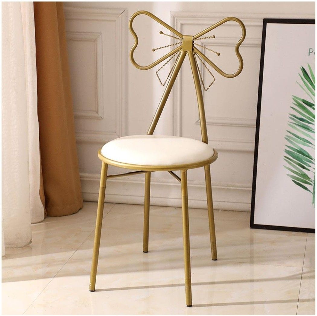 Cushioned Vanity Chair with Iron Gold Frame and Butterfly Back Rest White Seat