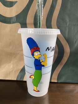 Custom Starbucks The Simpsons Marge Girl Power Reusable Cold Cup 24Oz Venti With Lid And Straw.