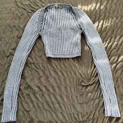 Ribbed Knit Cropped Sweater - Size S - Long Sleeve Blue Top