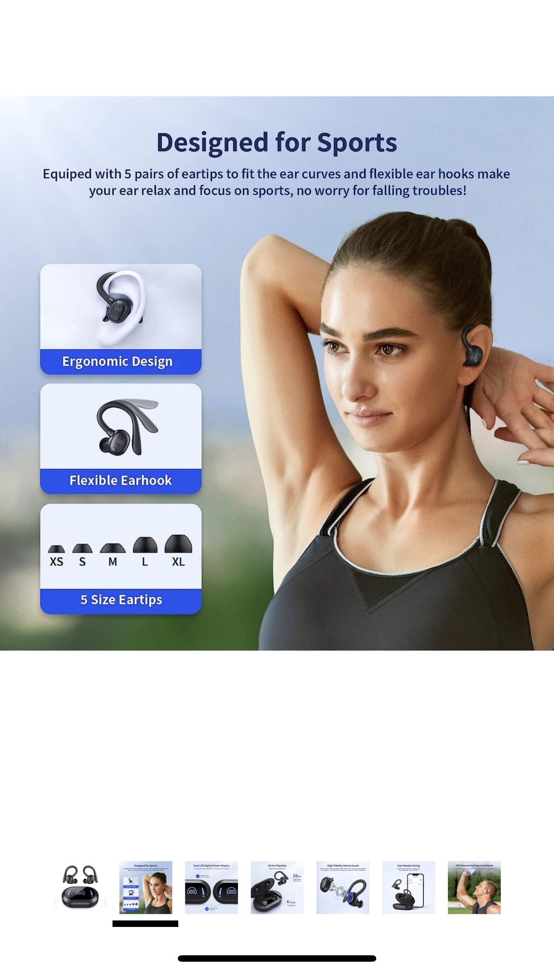 Wireless Earbuds Bluetooth Headphones 50Hrs Playback Ear Buds IPX7 Waterproof Sports Earphones Dual Power Display with Earhooks Built in Mic Clear Cal