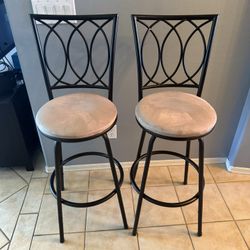 Set of 2 Black Metal Bar Stools with Tan Decorative Backs