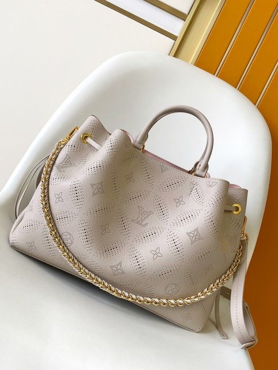 Louis Vuitton Light Grey Perforated Tote Bag with Gold Chain - Chic as New! 🤍✨