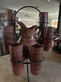 Mexican clay pitcher and glasses set