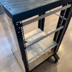 Open Frame Metal Server Rack - On Wheels   I have 5” fans I can throw in for free   34” high   18” wide   16” deep 