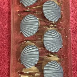 Coastal Blue Seashells Set Of 12 Ceramic & Metal Shower Curtain Hooks NEW in Package!