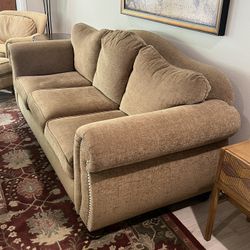 Large Gently Used Upholstered Sofa w/Brush Nickel Nail Heads