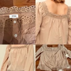 a.n.a NWT BOHO square neckline,eyelet lace details button placket Peasant top L