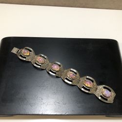 VTG 40's 7" Mexican Sterling Silver Faux Fire Opal Dragons Panel Bracelet