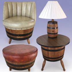 Mid Century Modern Whiskey Barrel Set. Swivel Chair, Ottoman, Side Table & Lamp