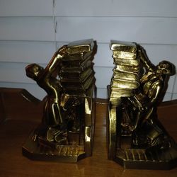 PM Cratsman Solid Brass Bookends Library Struggle 1970s