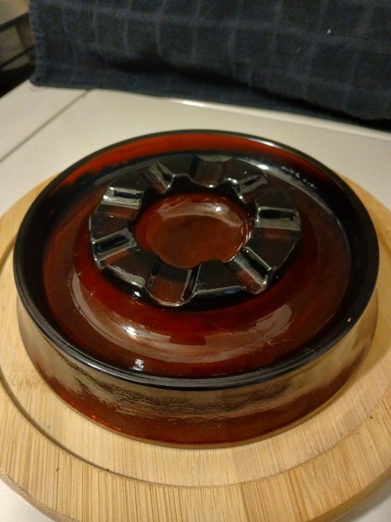 Vintage Dark Amber MCM Seven And A Half Inch Heavy Glass Ashtray. No Chips Or Cracks