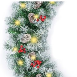 8ft Pre-Lit, Pre-Decorated Christmas Garland for Stairs, Fireplace, 50 Lights, Pine Cones, Berries-Semi-Flocked-pack of 2