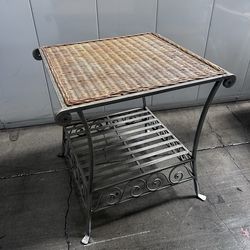Vintage Wicker & Metal Side Table – Boho / Patio Style