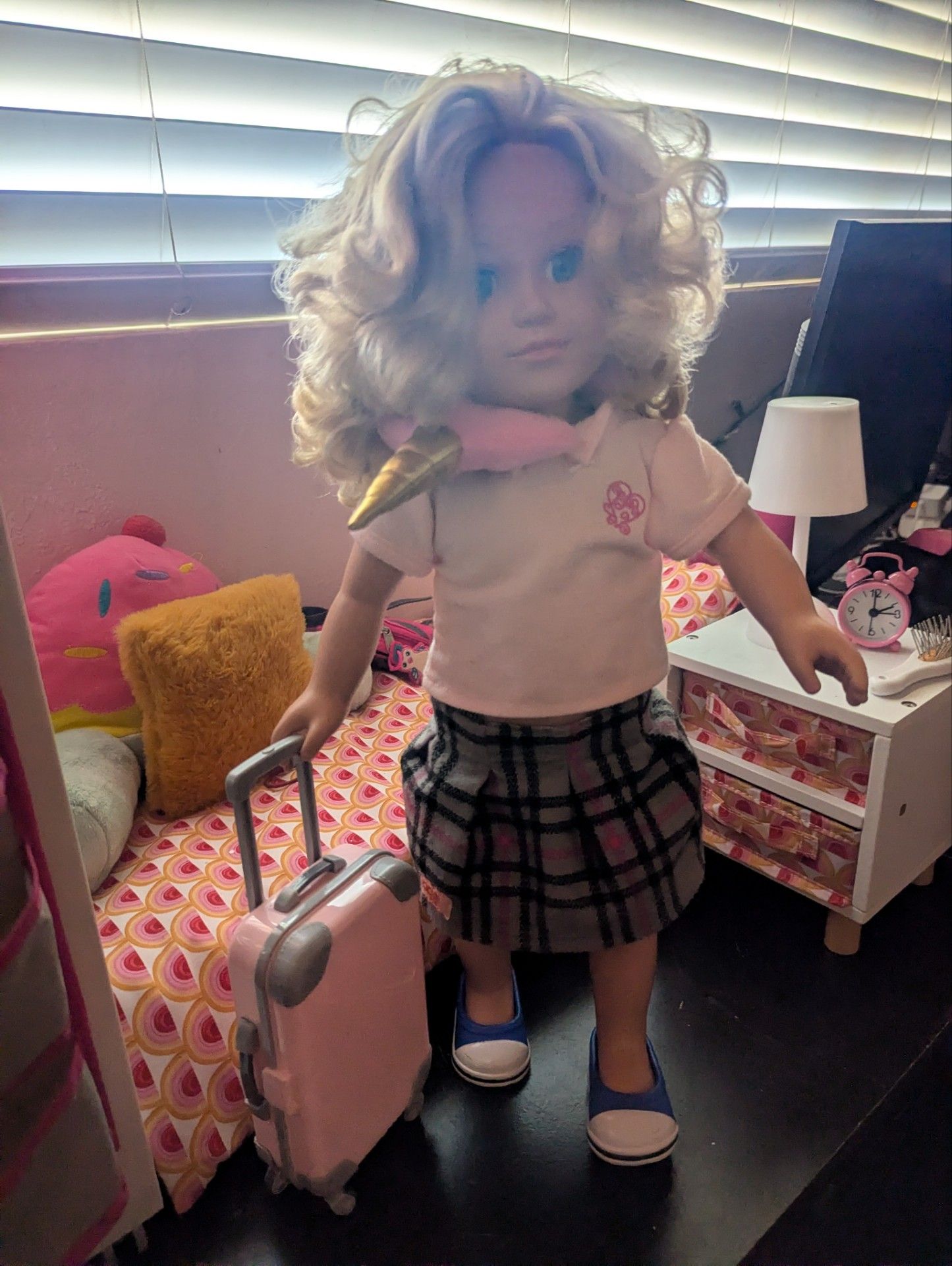 18 Inch Our Generation Doll w/ Bed & Nightstand set, Closet, Clothes, Suitcase & Accessories