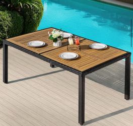 Black Acacia Wood, PE Rattan and Metal Rectangle Outdoor Dining Table
