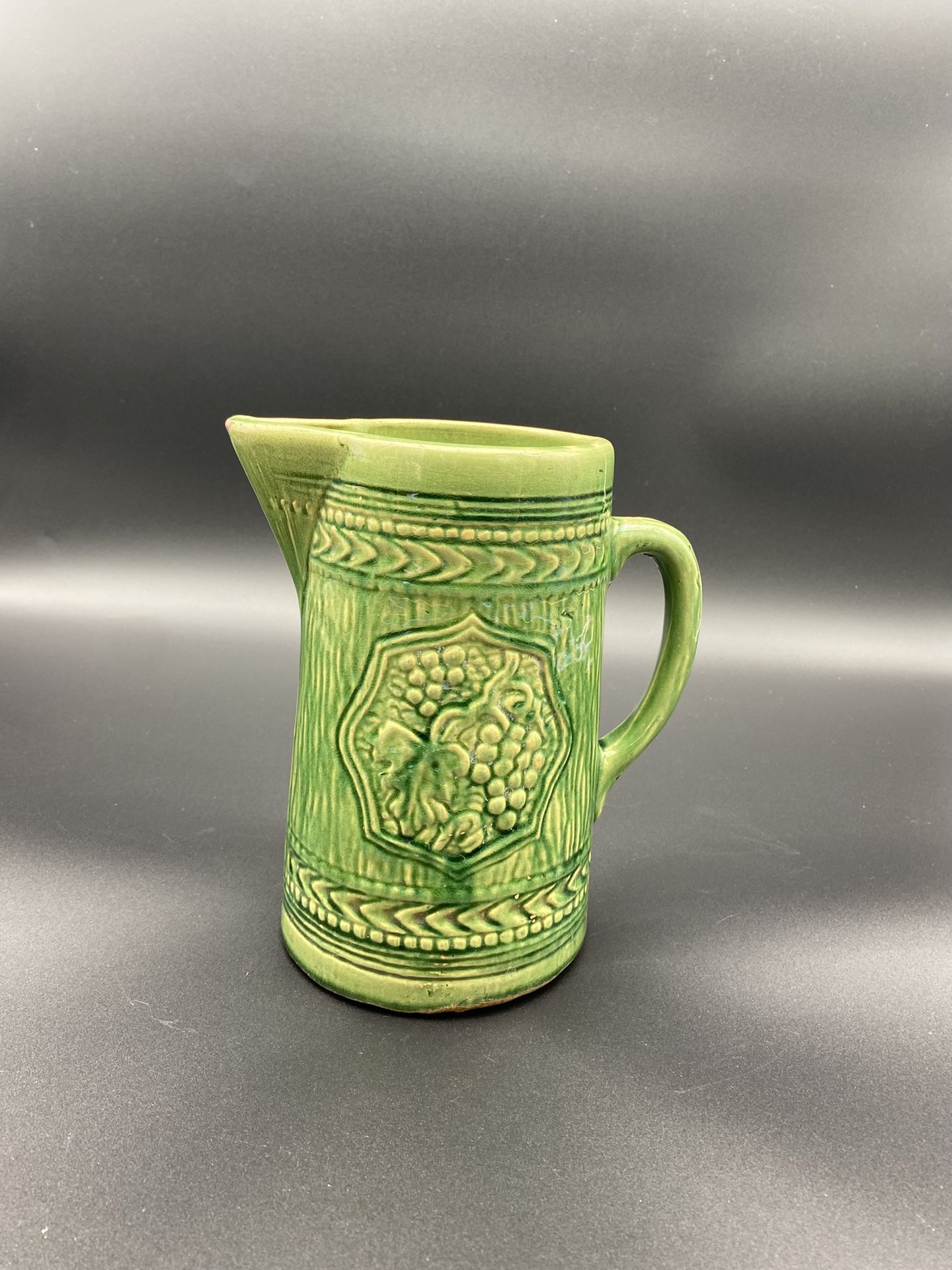 Uhl McCoy Pottery Pitcher Tankard Green Glazed Grape Leaf Stoneware Antique