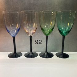 Set of (4) Gorgeous Rare Jewel Tone Multicolored Wine Glasses with Black Stems Mid Century Handblown Wine Glasses.