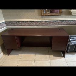 Two Brown Office Desks And Two Brown Office Storage 