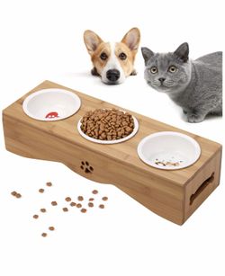 Legendog Cat Bowl, Pet Dog Bowl Bamboo Wooden Frame Ceramic Three Bowls Pet Food Bowl for Cats Small Dogs Puppy