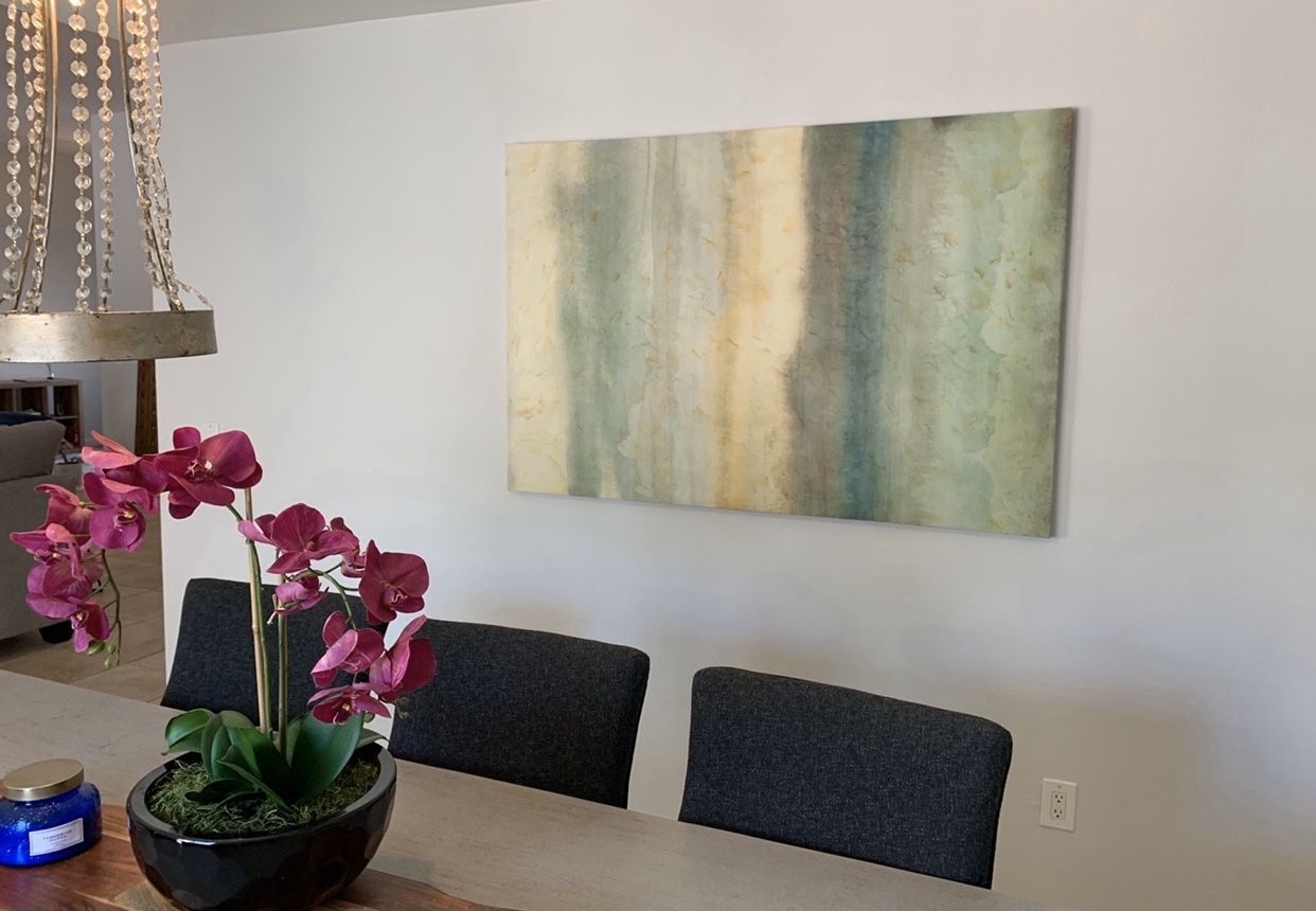 Large wall hanging painting - yellow green teal blue gray