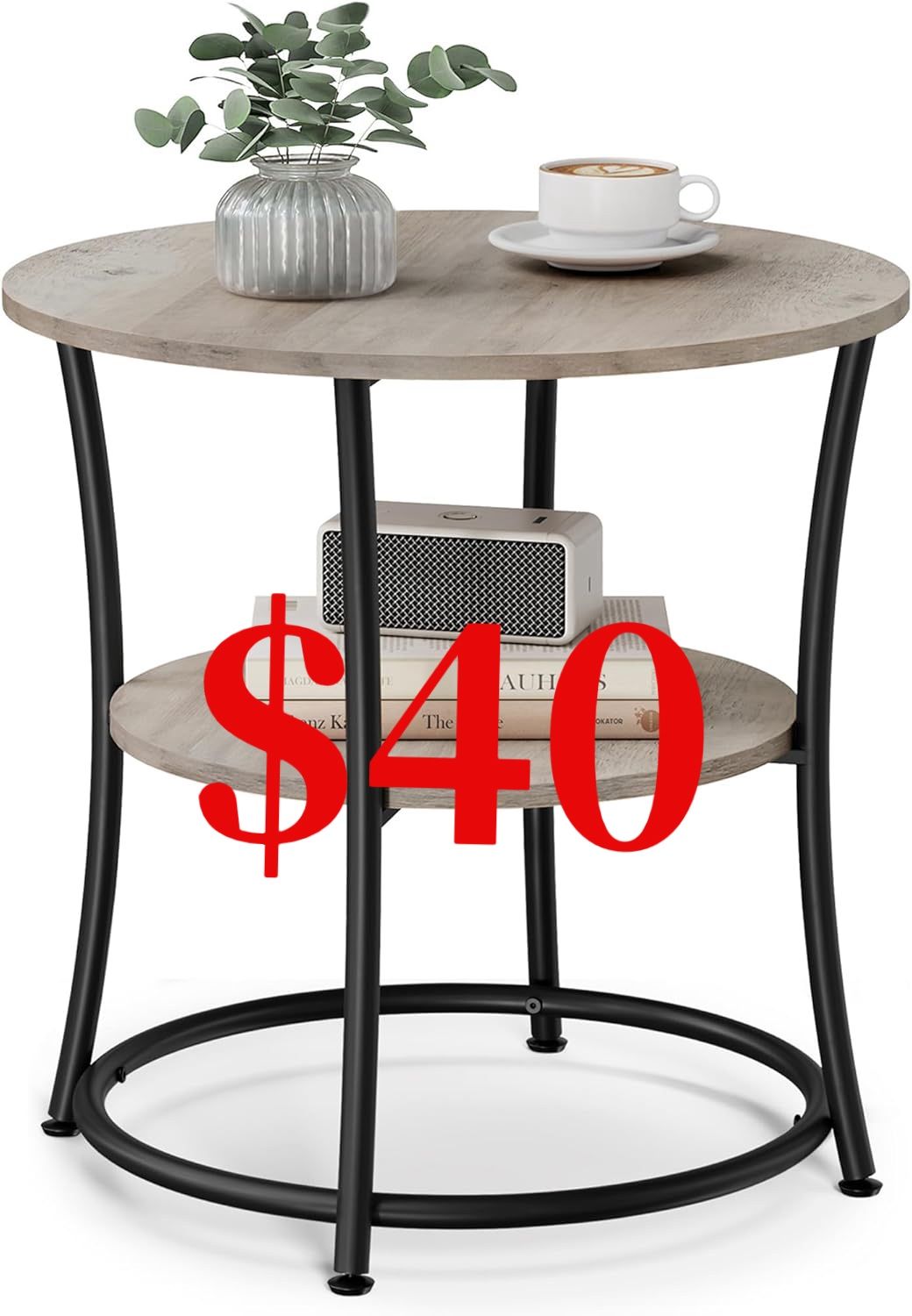 Side Table, Round End Table with 2 Storage Shelves